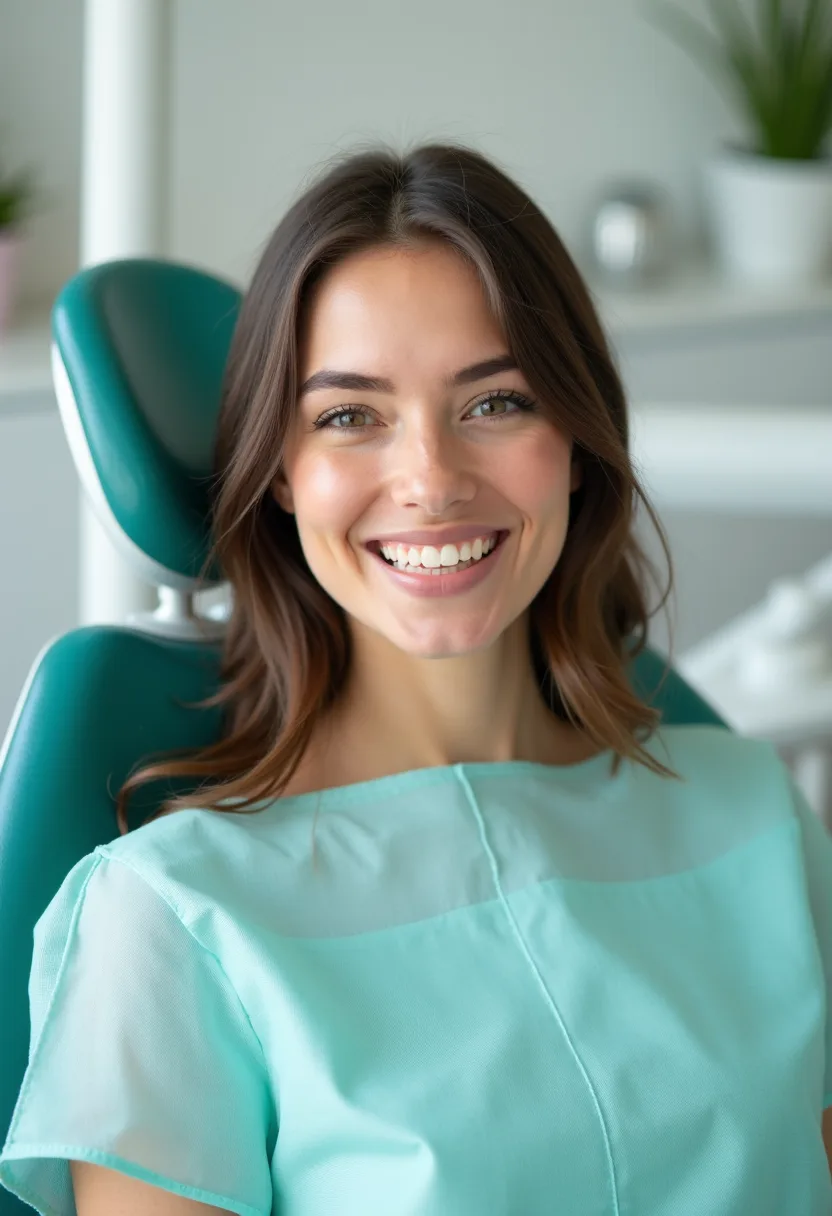 Paciente sonriendo tranquila en la clínica dental