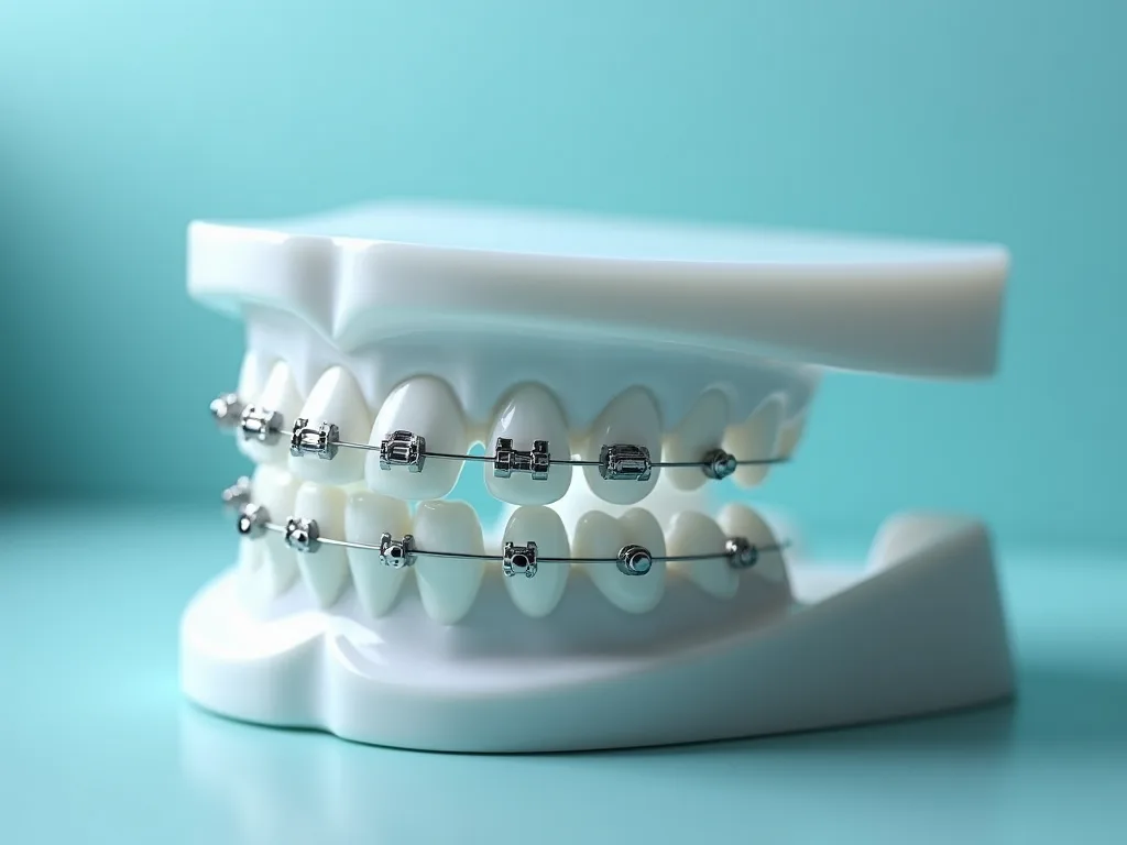 Brackets y alineador sobre modelo dental