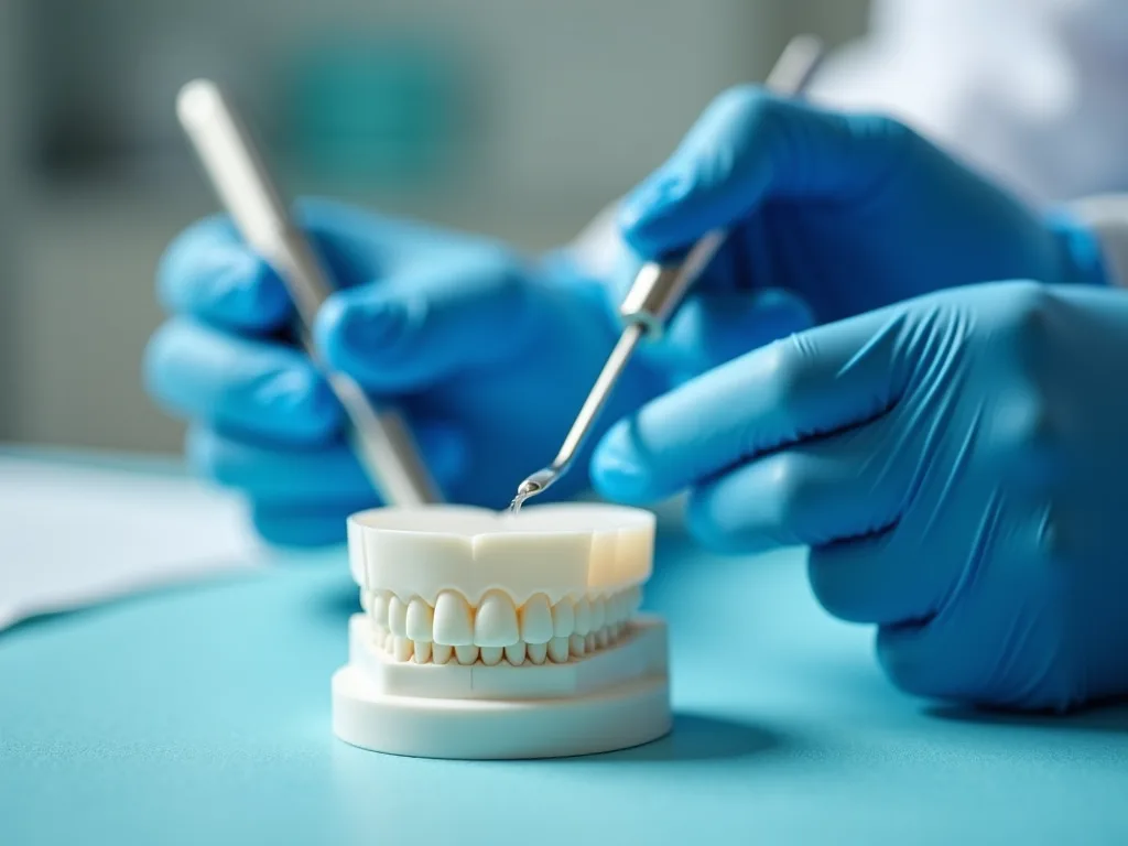 Dentista trabajando sobre un modelo dental